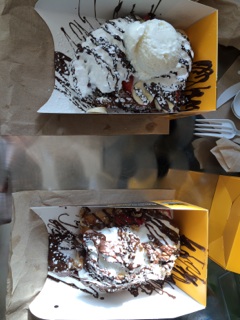 The final products... mine was fresh strawberries, bananas, vanilla ice cream, whipped cream, and chocolate. Just a small, low-cal treat.