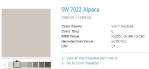 The final selection... Sherwin Williams (which I could have sworn was actually SherMAN Williams) Alpaca.