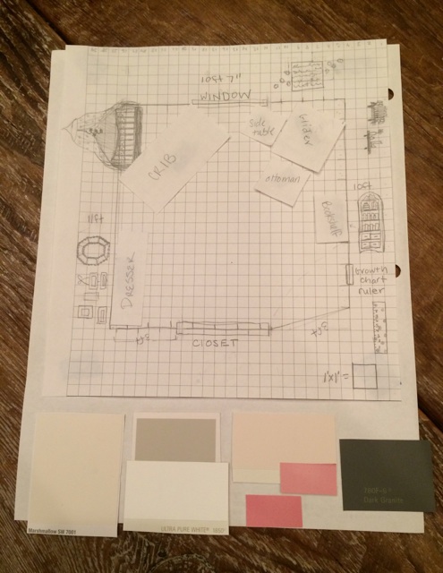 The colors are more yellow because of the way the camera took the photo, but here it is. The first ivory color is similar to that of the furniture. Then the next two colors (grey and white) are for the walls and trim. Next are three pink variations for accent colors and finally, the dark grey, which is close to the color of the glider. Voila!