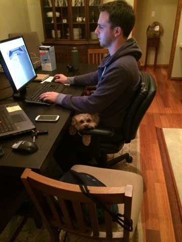 The hubs setting up show in the dining room. Toby trying to make work a little less painful.