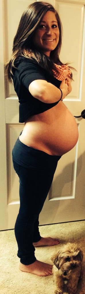 34 Weeks (May 16, 2014). Well, it's somehow been 8.5 months already, which just seems like SO long. This week I feel like my belly has really "popped" so to speak. I feel giant-sized. It's getting difficult to put shoes and socks on, my back is aching like crazy and I just feel VERY pregnant. With that said, I also feel like we're in the home stretch now. Only 6 more weeks... and 2 more weeks until I'm 9 months pregnant. It's just crazy. According to my phone app, she is weighing in at around 5 lbs (no wonder my back hurts) and measuring at nearly 18 inches. So crazy...