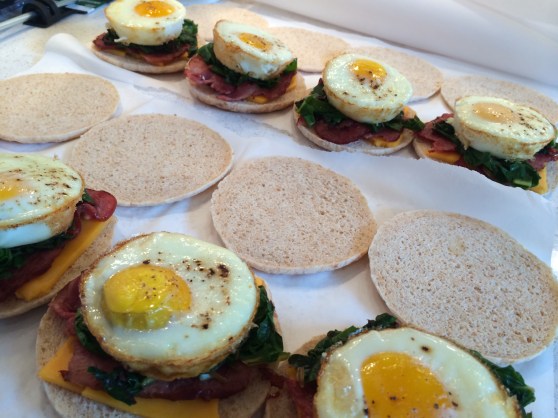 Today I decided to whip up some egg mcmuffins to freeze for baby time. I used sandwich thins, baked eggs, turkey bacon, and rainbow chard sautéed with green garlic.